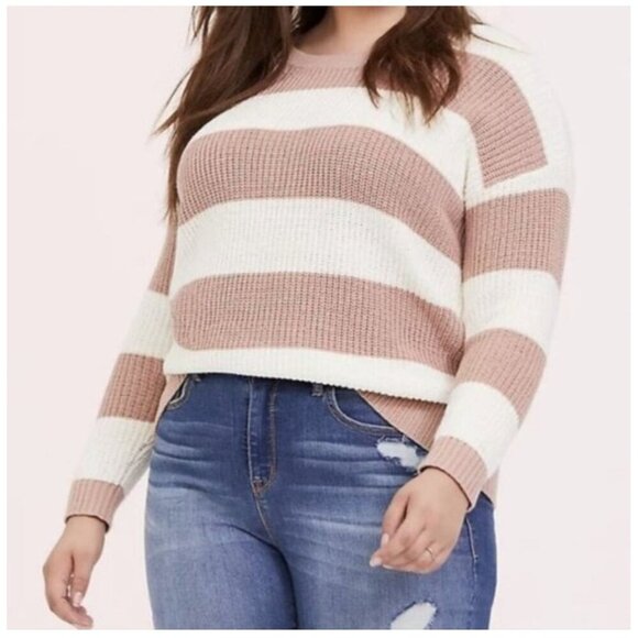 TORRID Size 0/US 12/Large Pink White Striped Cotton Blend Pullover Relaxed Sweat - Picture 1 of 7